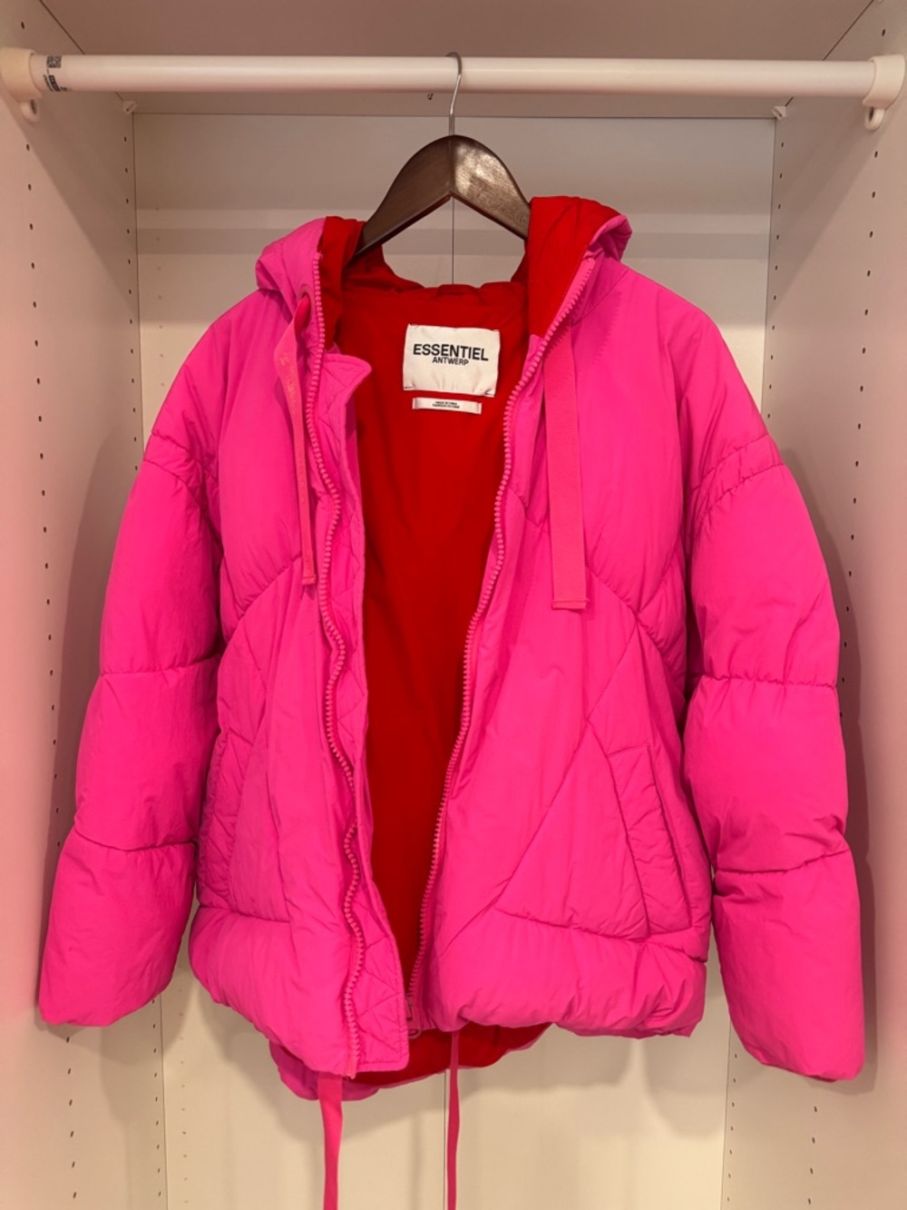 Essentiel Antwerp Hot Pink Puffer Jacket with Red Lining